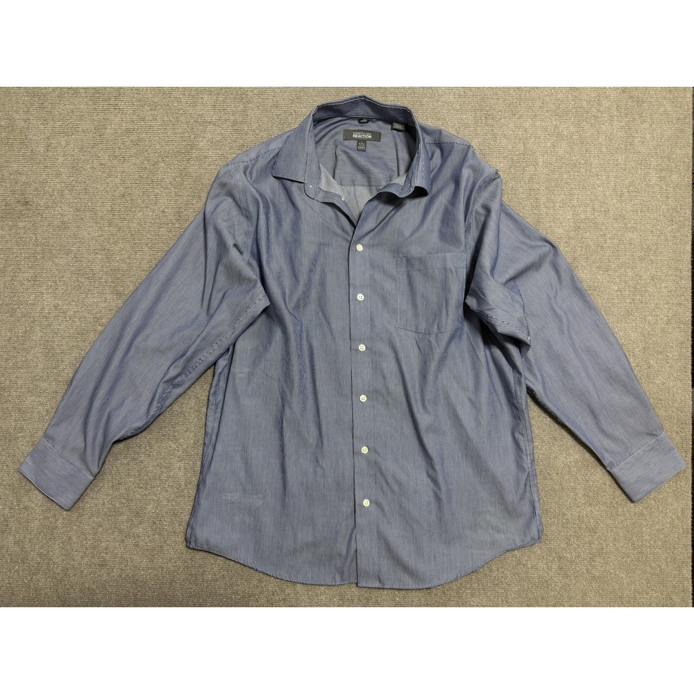 Kenneth Cole Reaction Shirt Mens Large Blue Regular Fit Non Iron Striped Pocket